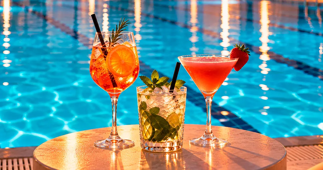 Cocktails stehen am Rand eines Schwimmbeckens